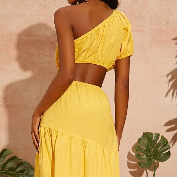 YELLOW PUFF SLEEVE ONE SHOULDER CUT OUT DETAIL MAXI DRESS SUMMER VACAY - Picture 4 of 8